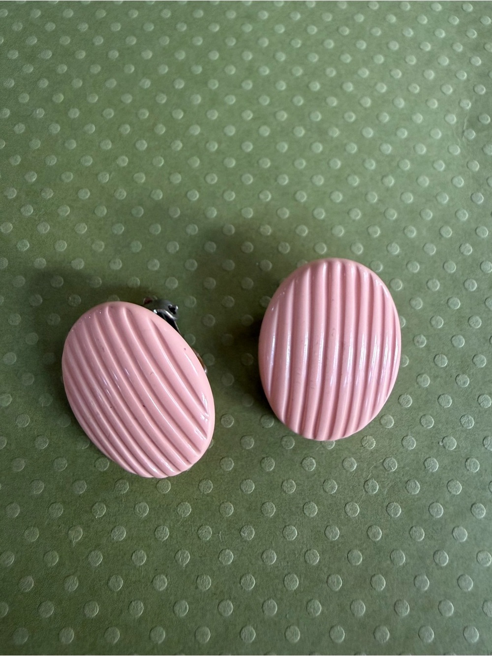 Vintage 1960’s  Crown Trifari Oval Ribbed Clip-On Earrings in Soft Pink